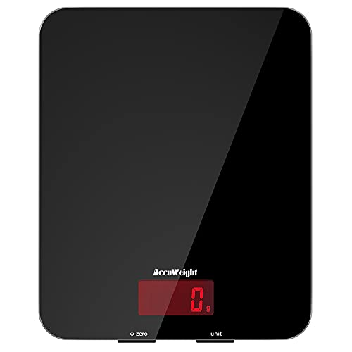 ACCUWEIGHT 201 Digital Kitchen Scales with Tempered Glass Platform Electronic Weighing Food Scale with Backlit LCD Display Multifunctional, for Office School Home Baking Cooking, 5kg/11lb